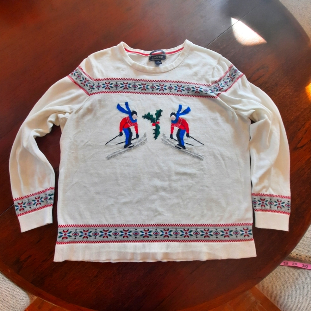 Lands End Christmas Sweater Ski 1X Cotton